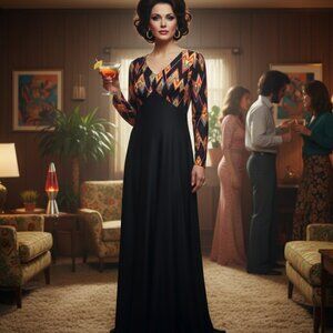 🌈 VTG 70s Geometric Maxi Gown Black Pink Orange Disco 🕺